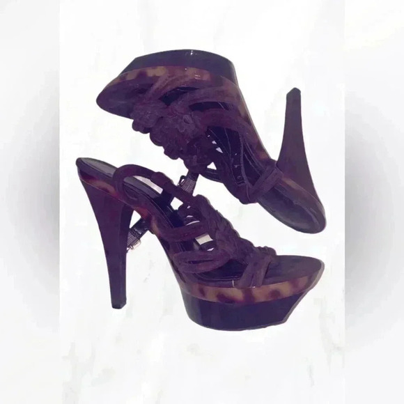 BCBG generation platform strappy leopard brown suede braided leather heel 8 - Picture 1 of 4
